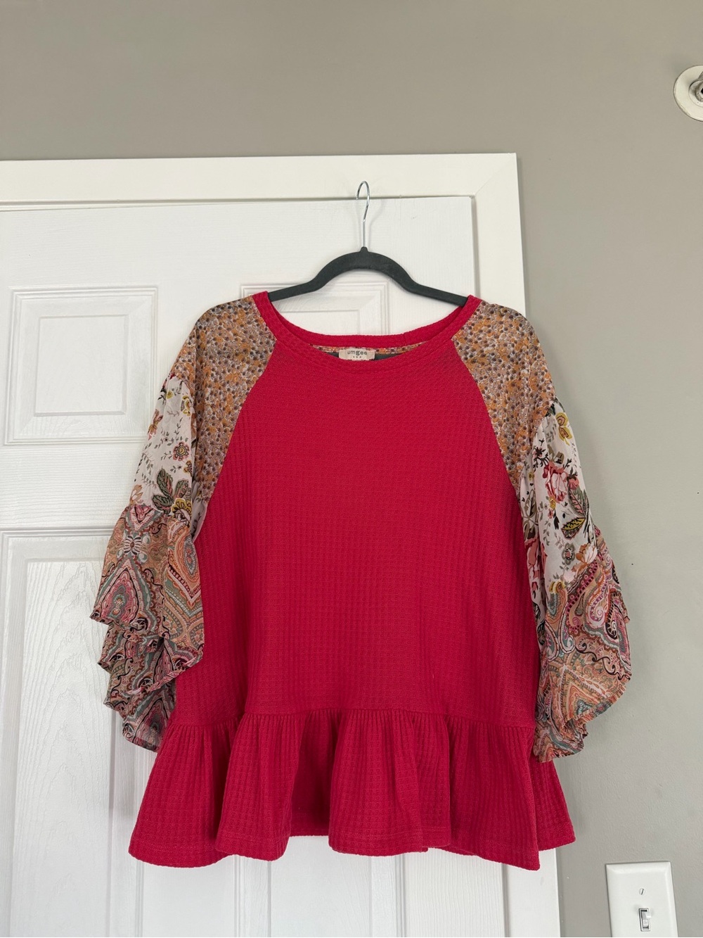 Umgee Fuscia Pink Peplum Top Blouse Bohemian Boho Sheer Floral Flowy Sleeve